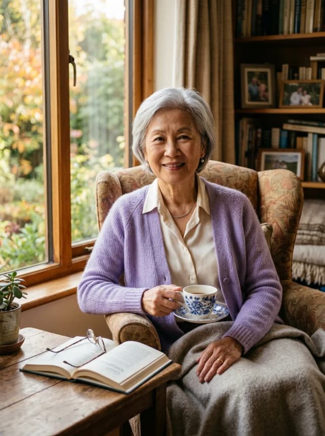 Retired woman with tea