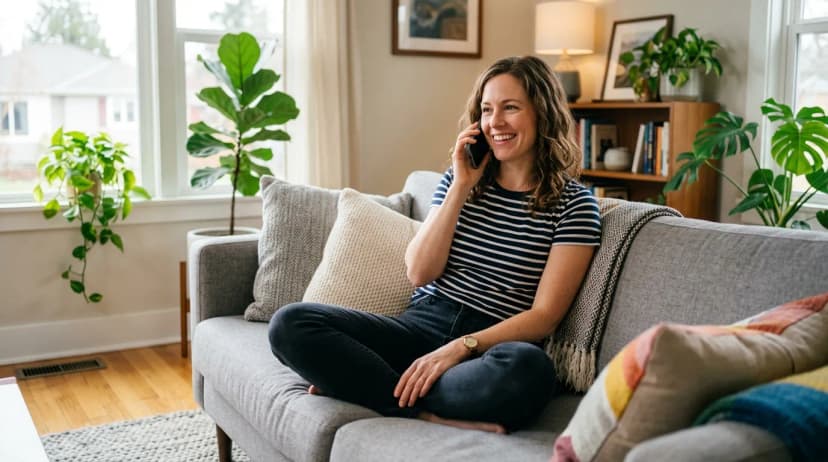 Woman on couch talking to her lawyer on the phone