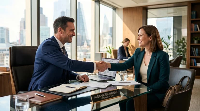 Lawyer shaking hands with client in office